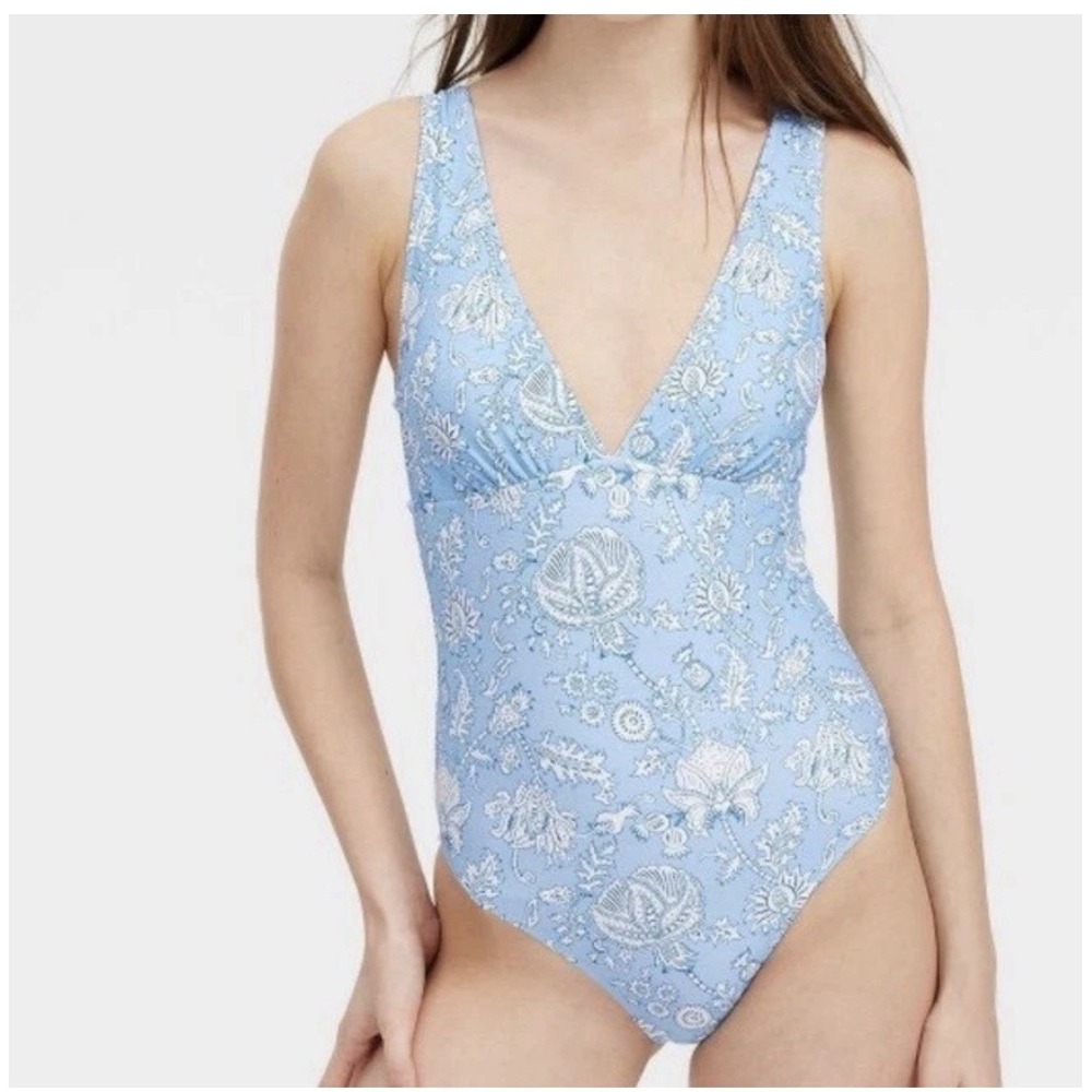 Roller Rabbit x Target One Piece Swimsuit S (4-6) Blue Floral V-Neck Beach Vacay